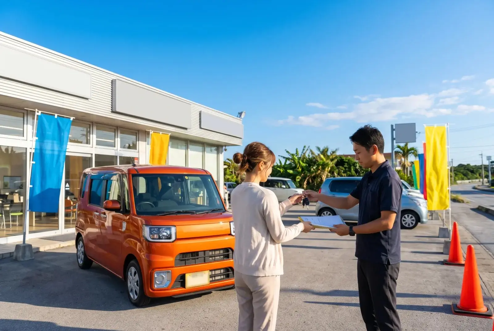 のぼり旗の並ぶ店先で、お客様に書類を手渡すスタッフ