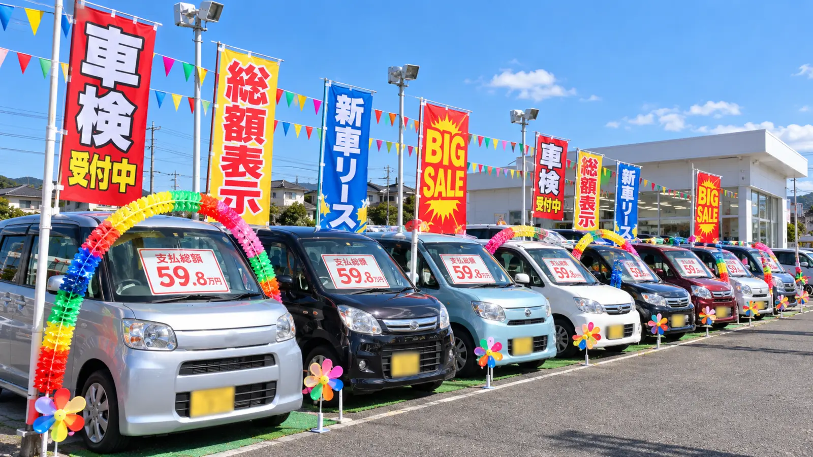 「車検 受付中」「総額表示」「新車リース」「BIG SALE」ののぼり旗、万国旗、アーチ飾り、支払総額のプライスボードで飾った中古車展示場